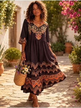 Noracora Black Floral Boho Midi Dress Small Embroidered Border NWT